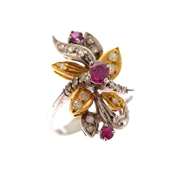 Ruby, Diamond, 14k Gold Jewelry Suite. Including one ruby, diamond, 14k yellow and white gold floral - Image 4 of 4