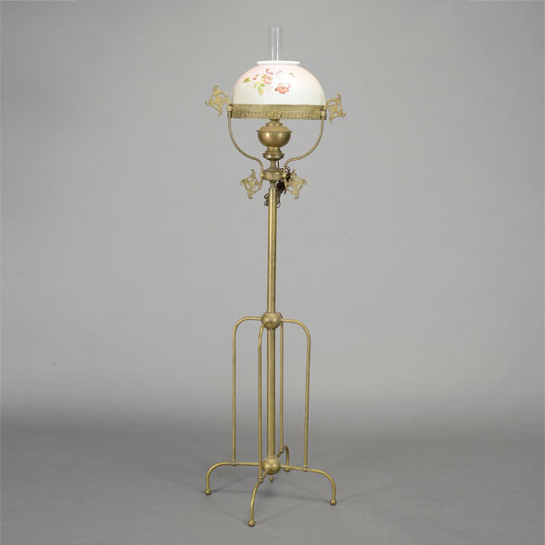 Victorian Brass Floor Lamp, with four supports and pansy glass shade {Overall height 72 inches;