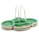 A Six-Piece Chinese Glass 'Sweet Meat' Set with Silver Plated Tray The shaped green glass bowls