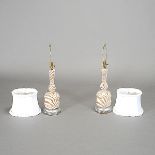 Pair of Fratelli Toso Murano Mezza Filigrana White, Copper and Gold Ribbon Swirl Lamps, with Applied