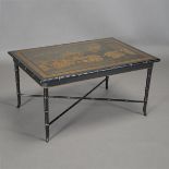 Victorian Chinoiserie Lacquer Coffee Table Mounted on Faux Bamboo Legs and A Stretcher  {