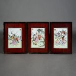 Three Famille Rose Porcelain Plaques Each plaque featuring various arhats with their respective