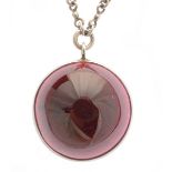 Garnet, Sterling Silver Necklace. Featuring one round garnet cabochon measuring approximately 30