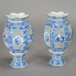 A Pair of Underglaze Blue Lanterns on Stands Each of hexagonal form with reticulated reserves