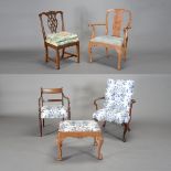 Four Georgian or Regency Style Chairs and A Georgian Stool {Dimensions of largest armchair 39 x 26 x