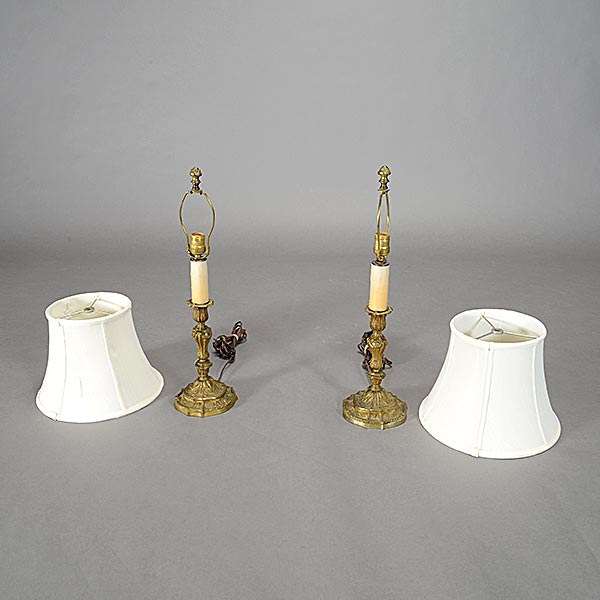 Pair of Louis XV Style Gilt Brass Candlesticks Converted to Lamps, with shades {Height to finial - Image 2 of 4