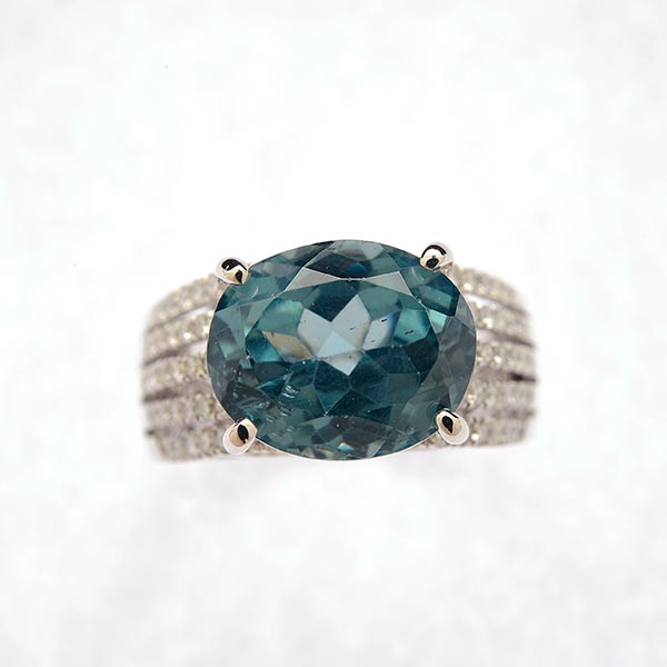 Blue Zircon, Diamond, 14k White Gold Ring. Featuring one oval-cut blue topaz weighing - Image 2 of 4