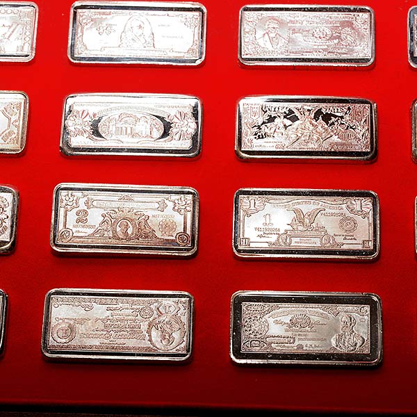 Lot of 52 Silver Ingots Depicting U.S. Currency. Each piece weighs 2 ounces, comes in wooden - Image 2 of 5