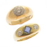 Collection of Two Diamond, Sapphire, Yellow Gold Rings. Including one square-cut sapphire,