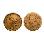 Lot of 2 US 1853 Liberty Head $1.00 Gold Coins.