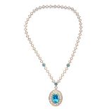 Blue Topaz, Diamond, 14k White Gold Necklace. Centering one oval-cut blue topaz weighing