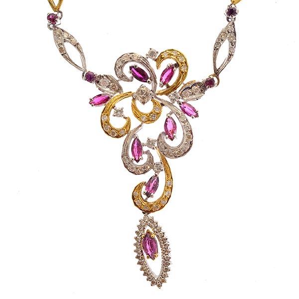 Ruby, Diamond, 14k Gold Jewelry Suite. Including one ruby, diamond, 14k yellow and white gold floral - Image 2 of 4