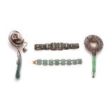 Four Jadeite Items, Republic Period   Four Jadeite Items Including a reticulated silver tea strainer