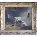 19thC English School – oil on canvas – Cattle in a cow shed, 19” x 23.5”