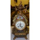 A French eight day striking green onyx mantel clock with cloisonne mounts and rose marble finial,