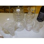 An engraved Victorian glass biscuit barrel, a carafe and four other items (6)