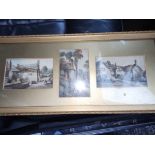 Three frames containing old postcards showing Devon villages