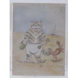 In the style of Wain – watercolour – 'The Little Nipper' a cat on the beach, 13.5” x 10”