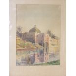 Hickley – watercolour – Moorish town by river, 9” x 6.75”