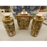 A Japanese Satsuma koro and a small pair of Satsuma vases – one damaged (3)