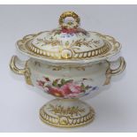 A 19thC floral painted porcelain sauce tureen – handle re-stuck to cover