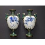 A pair of Royal Worcester vases, painted blue flowers – 1618, 9” high – one chipped handle