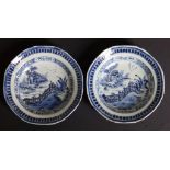 A small pair of early 19thC Chinese blue & white porcelain octagonal dishes, decorated with a garden