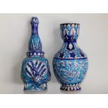 Two 19thC Persian blue & turquoise decorated earthenware vases