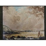 A 20thC oil on board – Coastal scene with figures and distant sailing boats, 15” x 18”