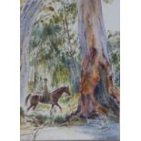 Dennis Adams – watercolour -  Australian bushranger on horseback, signed 14” x 10”