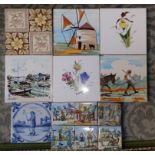 A blue & white delft tile and 12 other various tiles (13)