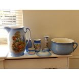 A matched set of Empire Ware blue ground toilet ware