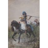 R. Beavy – Late 19thC Orientalist watercolour with bodycolour – Mounted Arab soldier taking aim with