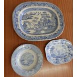 A Victorian blue & white printed meat plate and two other pieces (3)