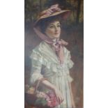 G. M. Balfrey (?) - oil on canvas – Lady in pink Bonnet, signed, 31” x 17”