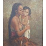 Early 20thC Colonial School – oil on canvas – Indonesian mother with child, unsigned, 38” x 32.5”