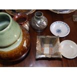 A signed studio pottery vase and five other pieces (6)