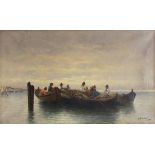 A. Vescovi – oil on canvas – Fishermen in boats repairing nets, signed, 16” x 26” SEE ILLUSTRATION