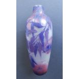 A Devez cameo glass vase, overlaid in lilac and pink to depict a bird perched on fruiting branches