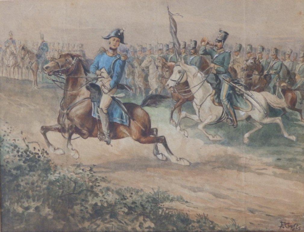 E. Crofts – watercolour – Military equestrian scene