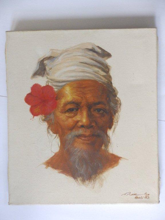 Balinese School – a signed oil on canvas – Portrait of a Balinese Elder, dated (19)83, 13.5” x 12”