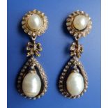 A pair of certified natural pearl and rose cut diamond gold drop earrings, comprising an oval