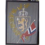 A heraldic woolwork and silk needlework panel – Norwegian Coat of Arms, 38” x 28”