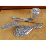 A silver-top dressing table jar and four other pieces  (5)