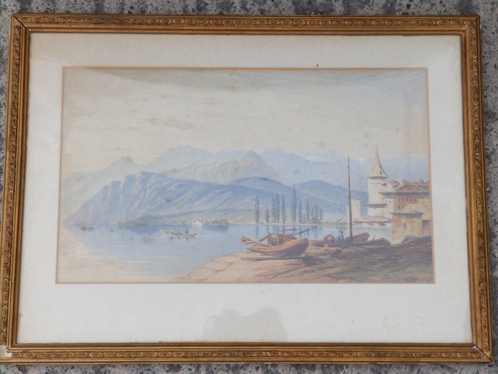 Breanski – watercolour – Swiss lake scene, 9” x 15”