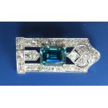 An art deco style zircon & diamond millegrain set white metal panel brooch, 1.3”