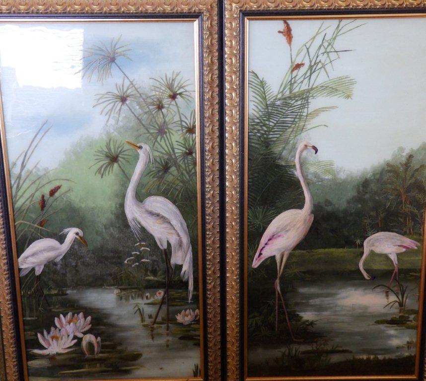 Late Victorian School – a pair of oils on glass – flamingos and cranes on water