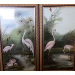 Late Victorian School – a pair of oils on glass – flamingos and cranes on water