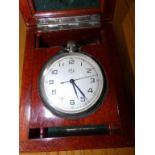 A Russian 'Kupoba' nickel plated chronometer pocket watch in mahogany travelling case