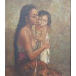 Early 20thC Colonial School – oil on canvas – Indonesian mother comforting her child, unsigned,